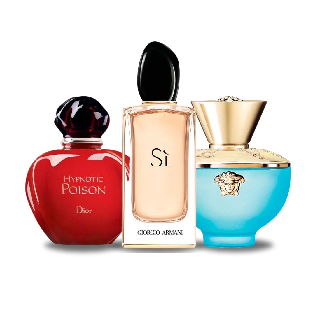 Box of 3 Perfumes: Dior HYPNOTIC POISON, Giorgio Armani SÌ & Versace DYLAN TURQUOISE 100ml