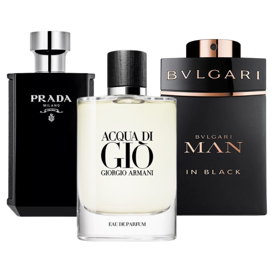 Box of 3 Perfumes: Bvlgari In Black, Giorgio Armani Acqua Di Gio, and L'Homme Prada Intense 100ml