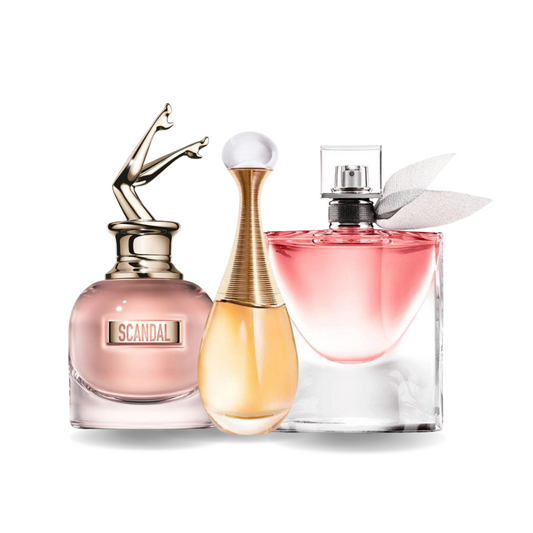 Box of 3 Perfumes: Jean Paul Gaultier SCANDAL, Dior J'ADORE & Lancôme LA VIE EST BELLE (Eau de Parfum)
