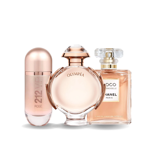 Box of 3 Fragrances: Carolina Herrera 212 VIP ROSÉ, Paco Rabanne OLYMPÉA, and Chanel COCO MADEMOISELLE (Eau de Parfum)