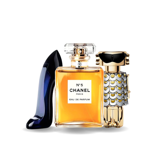 Box of 3 Fragrances: Carolina Herrera GOOD GIRL, Chanel Nº5, and Paco Rabanne FAME
