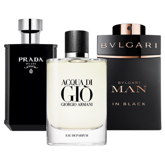 Box of 3 Perfumes: Bvlgari In Black, Giorgio Armani Acqua Di Gio, and L'Homme Prada Intense 100ml